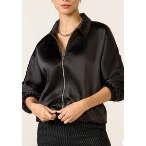Melissa Nepton Evelyn Black Satin Bomber Jacket Zip Up Small
